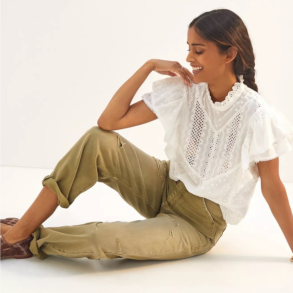 Anthropologie Ruffled Eyelet Blouse White Cottagecore Boho Prairie Top Medium - Picture 2 of 13